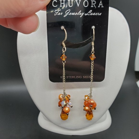 Sterling Silver and Gemstone Dangle Earrings - Picture 2 of 3